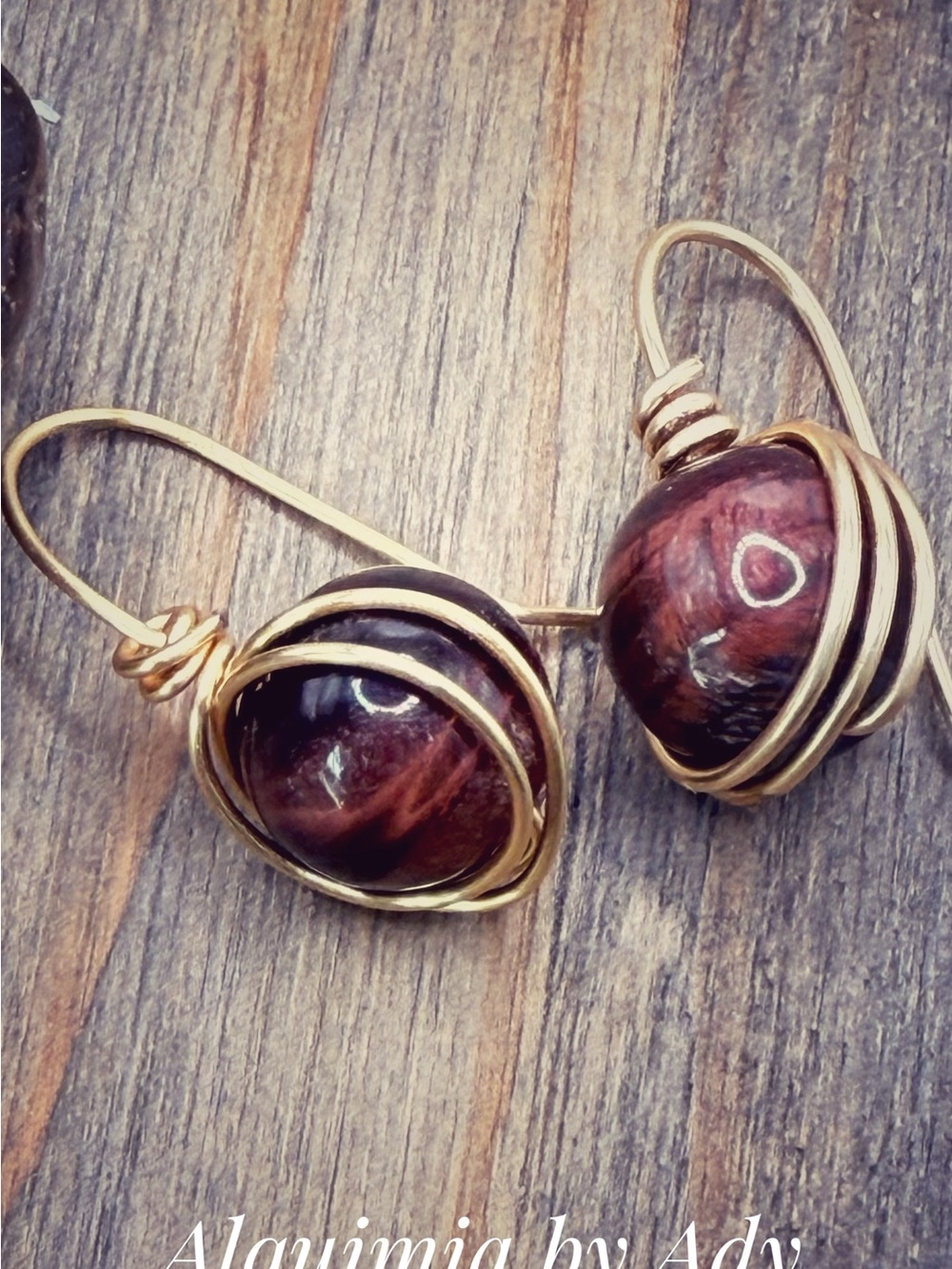 Alquimia Gold-Wrapped Deep Brown Tiger eye Swirl Stone Drop Earrings